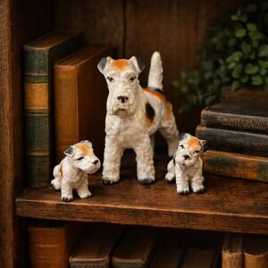 Vintage Ceramic Wire Haired Fox Terrier Dog Family Set Mother and Puppies 3pc